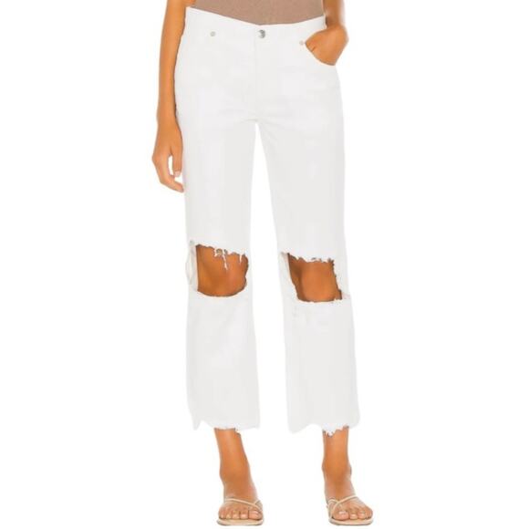 Free People White Straight Leg High Rise Distressed Jeans - Picture 1 of 13